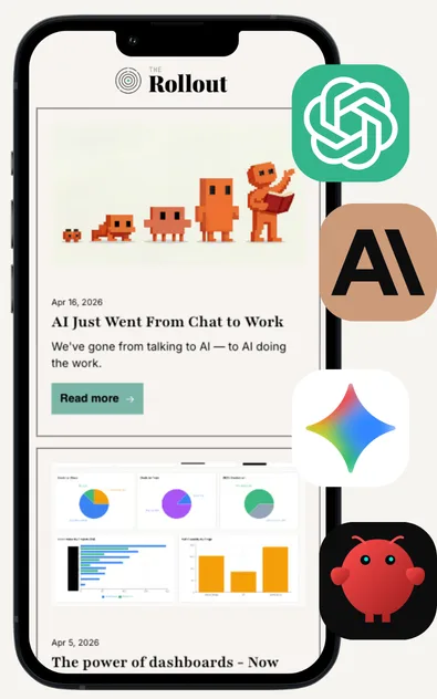 The Rollout weekly email open on a phone, next to the icons of popular AI apps